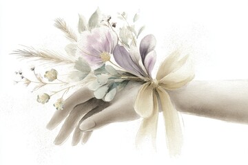 The hand and bouquet in soft watercolor textures with subtle color gradients. Wildflowers. Cottagecore aesthetic. White background. Watercolor illustration 