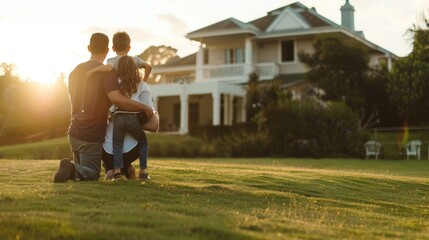 Fototapeta premium Happy family in the garden looking on a home house