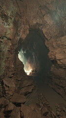 A stone cave with a hole in the middle, allowing rays of light to penetrate and illuminate the interior stones.