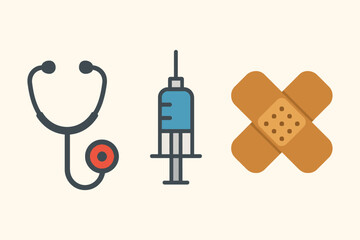 Medical icons stethoscope syringe and bandages on a light background representing healthcare and treatment