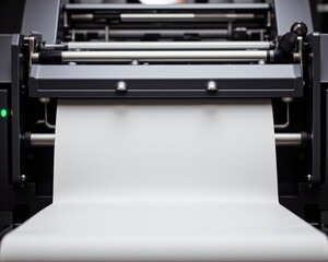 offset printing machine digital, high-angle shot looking down on a perfectly aligned stack of crisp white paper feeding smoothly into the automated feeder of an offset press.