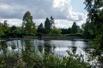 Obraz premium A landscape with a small lake surrounded by trees with reflection on water.