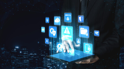 Fototapeta premium Cyber security protection and cyber security strategies against cyber threats, system hacks, digital breaches, network attacks, and safeguarding data with strong cyber security infrastructure. Entice