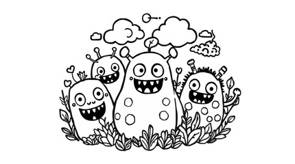 A group of four cartoon monsters with smiling faces, surrounded by plants and clouds, in a black and white line drawing.