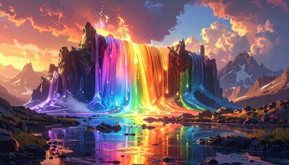 Aurora borealis light over a mountain landscape at night with clouds in the dark sky as the sun sets near the lake water