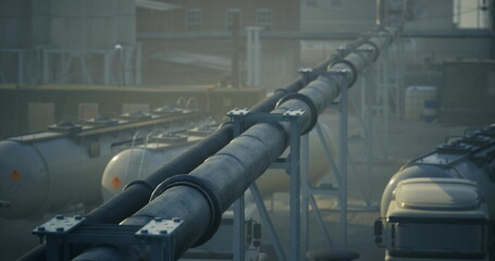 Long pipelines stretch across an industrial site, surrounded by fog. Trucks are parked nearby, while machinery stands in the background, suggesting ongoing operations in the early morning light.