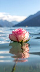 Pink Rose Floating on Water, Peaceful Scene.