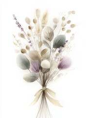 Watercolor illustration of a delicate wildflower bouquet tied to a wrist with a soft ribbon, painted in gentle watercolor with transparent washes. Cottagecore. Isolated on pure white background.