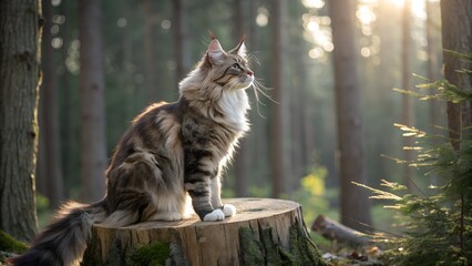 Obraz premium Majestic Forest Sentinel: A regal cat sits atop a weathered tree stump, bathed in the ethereal light of a serene forest, exuding an air of noble elegance and quiet contemplation.