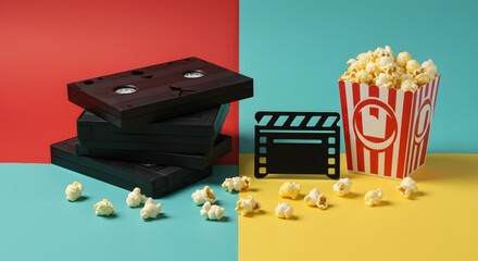 Movie Night Nostalgia: VHS Tapes, Popcorn, and Clapperboard
