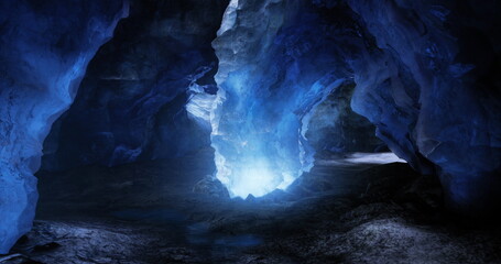 A group of adventurous explorers navigates through a mesmerizing blue ice cave. The ethereal glow illuminates the rocky surfaces, creating an otherworldly atmosphere in the frozen landscape.