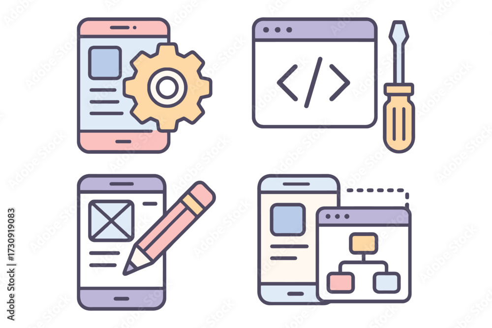 Wall mural Set of four flat design icons representing mobile app development and user interface design processes