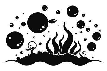 Black and White Undersea Landscape with Bubbles, Seaweed, and Stylized Creature Silhouette Illustration