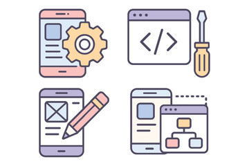 Set of four flat design icons representing mobile app development and user interface design processes