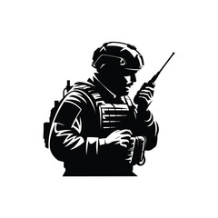 Silhouette of a soldier with radio communication equipment ready for duty