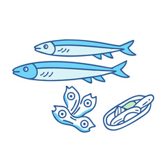 A simple blue illustration depicting two fish with some appetizers beneath them