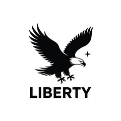 Fototapeta premium Majestic eagle spreading wings above liberty text symbolizing freedom and patriotism