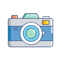 Stylized cartoon camera with blue and gray body and colorful accents
