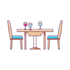 Stylized dining table with two chairs and glasses of wine vector illustration