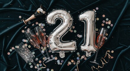 Glamorous 21st Birthday Party Flat Lay with Champagne