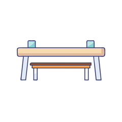 Cartoon drawing of a simple park bench, with a lower level, outdoors