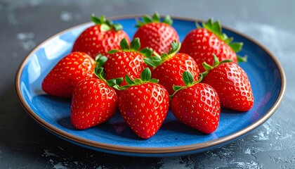 Fresh strawberries on a blue plate