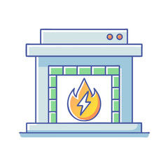 Icon of a light blue fireplace with fire and green brick elements