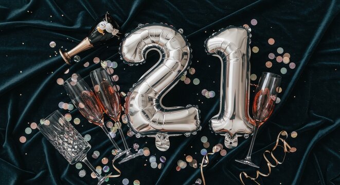 Glamorous 21st Birthday Party Flat Lay with Champagne