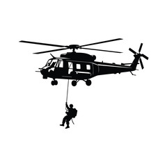 Fototapeta premium Military helicopter transporting soldier rappelling down during special operations mission