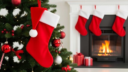 Red Santa Claus hat and sock hanging under christmas tree in the house, Christmas stockings