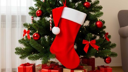 Red Santa Claus hat and sock hanging under christmas tree in the house, Christmas stockings