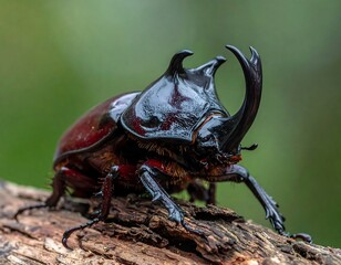 Close-up of a rhinoceros beetle on wood