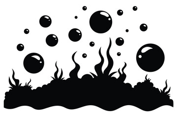 Abstract Black Silhouette of Seaweed with Bubbles Floating Above the Ocean Floor
