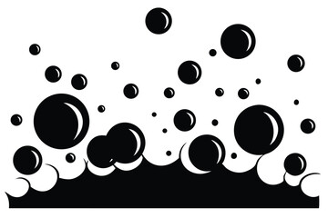 Dynamic Black Bubbles Illustration with Reflections and Clusters Forming at Bottom Edge
