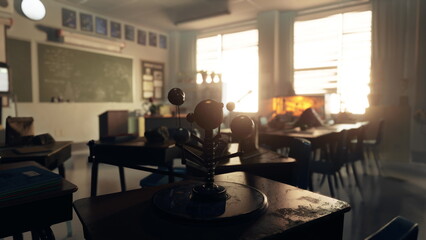 A classroom with desks, chairs, and a chalkboard, ready for a day of learning