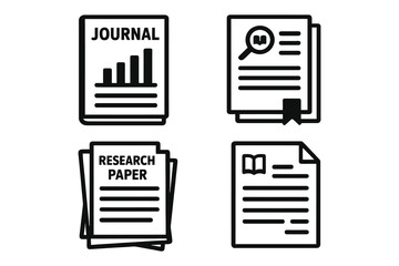 Collection of stylized icons representing academic papers research journals and documents for study or analysis
