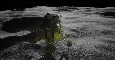 A lunar lander rests on the moons surface, surrounded by rugged terrain. © icetray