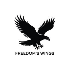 Obraz premium Majestic black eagle spreading wings above freedom's wings text symbol