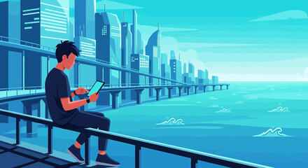Digital Nomad in Futuristic Cityscape: A Modern Illustration of Technology and Travel