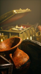 An assortment of golden objects and jewelry, evocative of an ancient trove, shrouded in mystique.