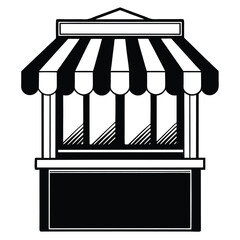 Black and White Illustration of Striped Awning Display Stand with Blank Signage Area