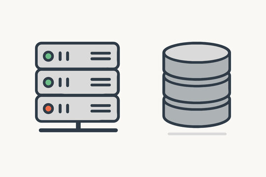 Clean vector illustration of a server rack and a stack of data storage disks