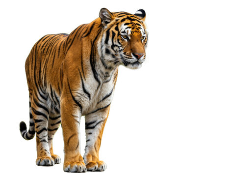 Majestic Bengal tiger standing isolated PNG, powerful predator with orange and black stripes on transparent background