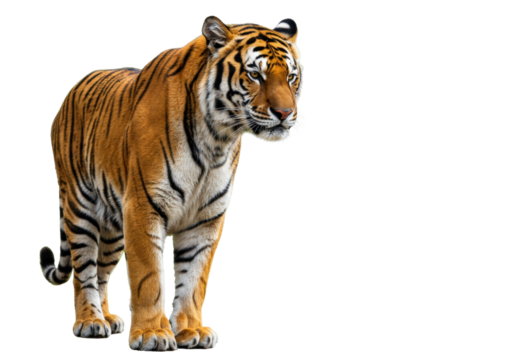 Majestic Bengal tiger standing isolated PNG, powerful predator with orange and black stripes on transparent background