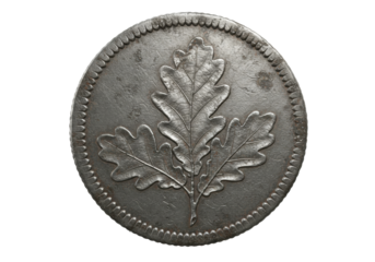 Old German 10 Pfennig coin with oak leaves isolated, vintage currency of Germany on transparent background, numismatic collection