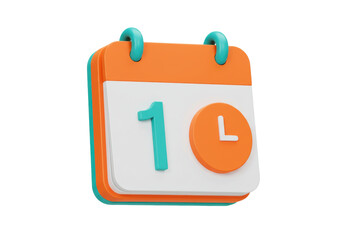 3D rendering of a calendar with the number one and a clock isolated, appointment reminder in PNG format