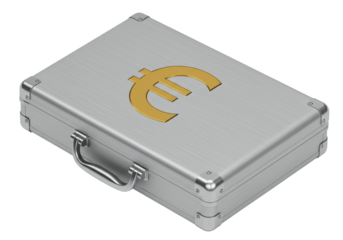 Silver metal briefcase with euro sign isolated, money case for business and finance on transparent background