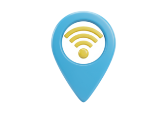 Blue location pin with yellow wifi symbol isolated PNG, wireless internet access point for maps and navigation apps