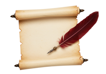 Antique scroll with red quill isolated on transparent background, vintage parchment for writing and calligraphy PNG