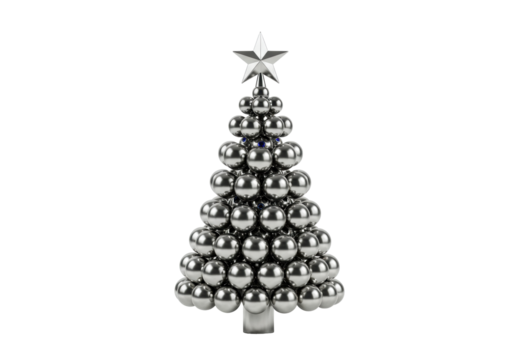 Christmas tree made of silver balls isolated on transparent background, festive holiday decoration PNG
